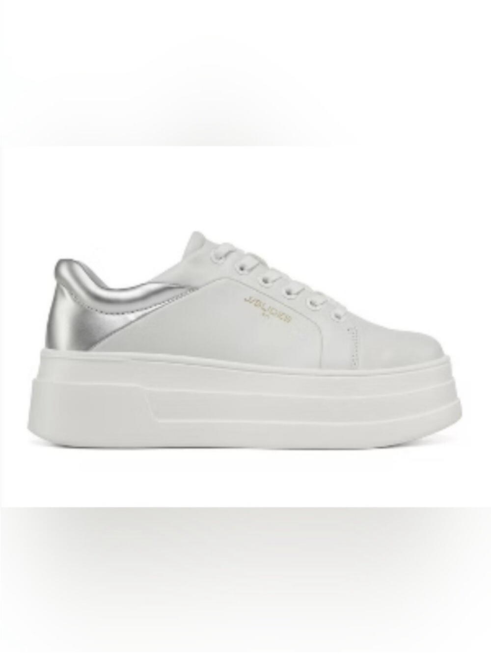 J Slides White Platform Sneaker with Silver Heel